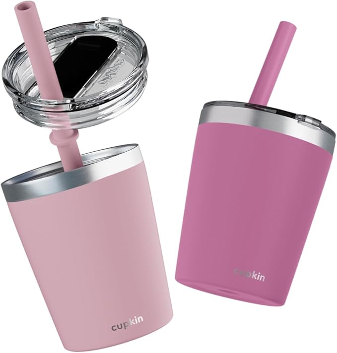 CUPKIN Kids Tumblers, The Original 8 oz Stackable Stainless Steel Kids Cup with Straws, Set of 2 Powder Coated Insulated Toddler Tumbler + BPA Free Lids + Silicone Straws (Polignac + Potpourri)