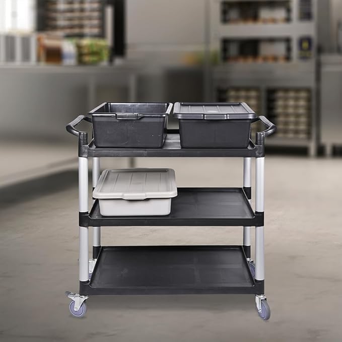 Restaurantware RW Clean 31.9 x 17.1 x 35.8 Inch Utility Cart 1 Rolling Cleaning Cart - Small 3 Shelves Black Plastic Rolling Cart Heavy-Duty For Organization Or Storage