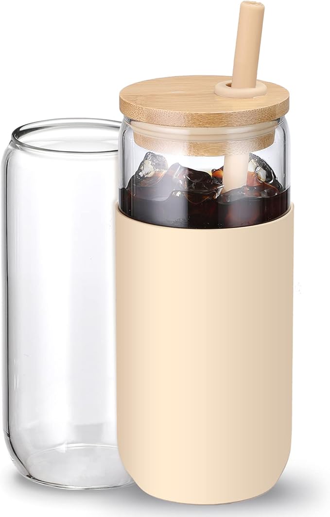 20oz Glass Water Tumbler with Silicone Protective Sleeve - Beer Can Glass Cups with Straw and Bamboo Lid, Iced Coffee Glasses, Cute Drinking Glasses for, Water Smoothie, Boba Tea, Gift - Amber