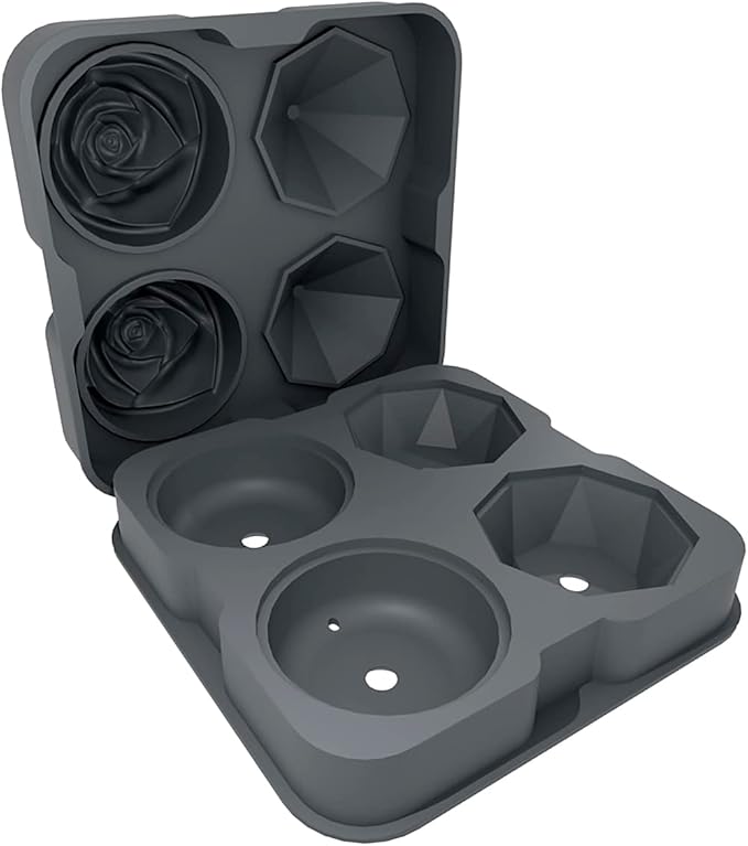 Ice Cube Tray, HANCELANT 2.5inch Ice Cube Molds, 2 Cavity Silicone Rose & 2 Diamond Ice Ball Maker, Easy Release Large Ice Cube Form for Chilling Cocktails, Whiskey, Bourbon & Homemade Juice (Gray)