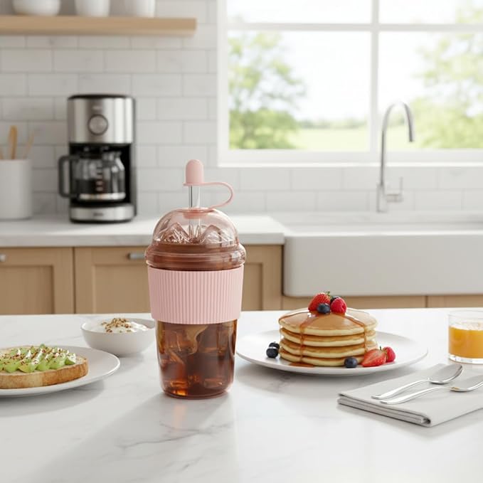 Reusable Iced Coffee Cups with Lids and Straws 17oz, Boba Cup with Straw, Tumbler with Silicone Sleeve for Cold Drinks, Iced Coffee, Bubble Tea - Pink