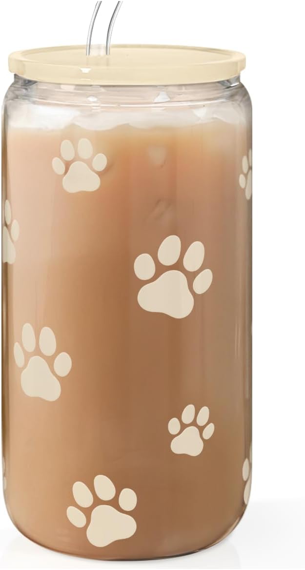 SANDJEST Paw Print 16oz Can Glass Tumbler with Acrylic Lid & Straw - Iced Coffee Cup for Women Cat Dog Mom, Aesthetic Cups Gifts for Birthday Christmas