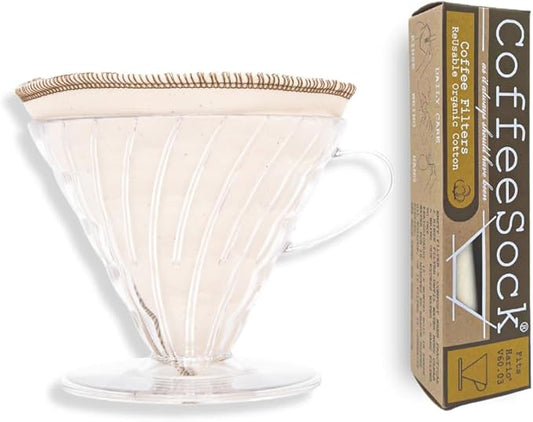 CoffeeSock Reusable Coffee Filters - Made to Fit Hario v60 03 Large (2 Filters) - Organic Natural Cotton Coffee Filters Made in the USA - Ultra-Durable Set - Eco-Friendly Compostable Cloth