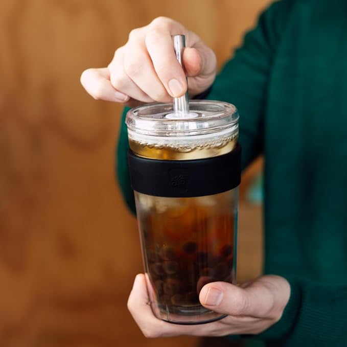 KeepCup Cold Cup - Longplay Double wall Glass Ice Coffee Tumbler with Lid and Straw - 16oz (454ml) - Black