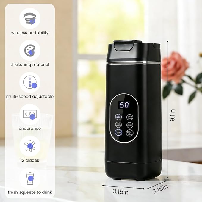 Portable Personal Blender, USB Rechargeable with 12 Stainless Steel Blades, Mini Blender for Smoothies, Travel, Gym, and Outdoor Adventures