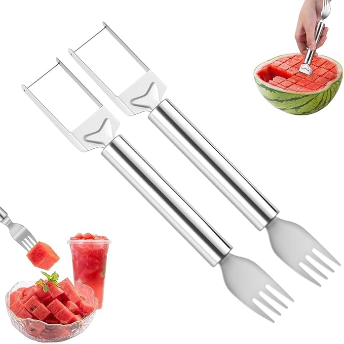 2-in-1 Stainless Steel Fruit Cutter, Watermelon Fork Slicer Tool, Watermelon Slicer and Fork, Dual Head Knife with Round Handle for Kitchen Fruit Cubes (2Pcs)