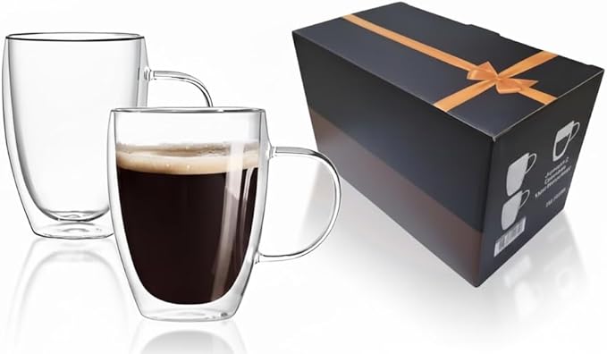 Set of 2 Double Wall Borosilicate Glass Mugs 12oz (360ml) – Insulated, Heat-Resistant, Dishwasher Safe Coffee and Tea Mug Set for Hot & Cold Beverages