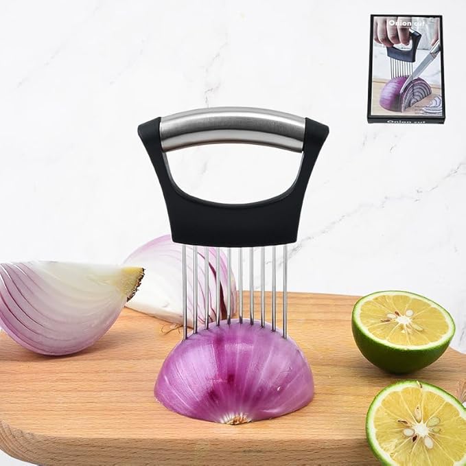 1 Pack Stainless Steel Multifunctional Vegetable Slicer, Onion Slice Holder, Onion Cutter for Slicing Meat, Onion, Potato, Tomato, Lemon, Kitchen Chopper Tool