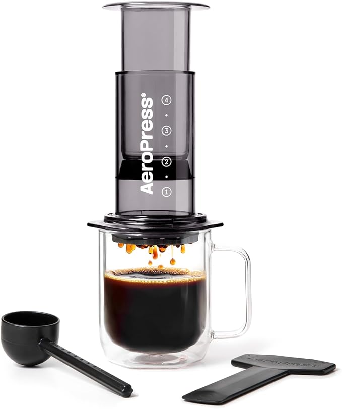 AeroPress Clear Black Coffee Press - All-in-One French Press, Pour-Over & Espresso Style Manual Brewer, 2 Min Brew for Less Bitterness, More Flavor, Small Portable Coffee Maker, Travel & Camping