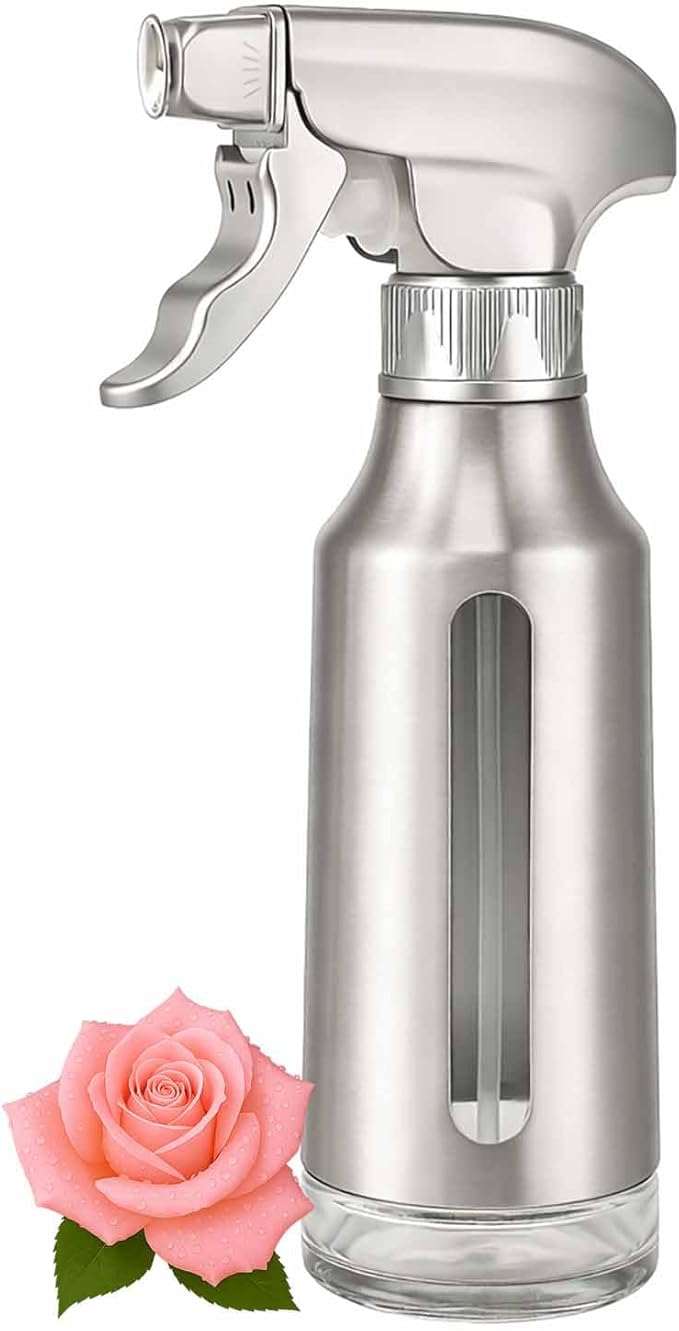 Oil Sprayer for Cooking 180ml, Olive Oil Mister with Fine Mist Trigger, Stainless Steel Refillable Glass Dispenser Bottle 6.35oz for Air Fryer BBQ Salad & Baking (Silver Gray+Stainless Steel)