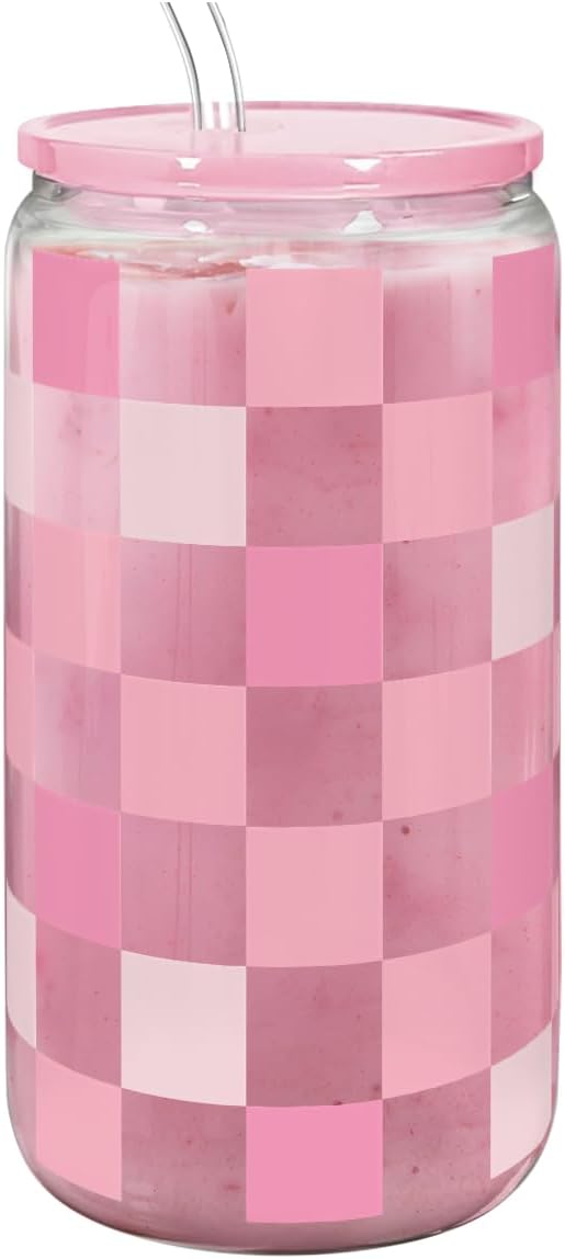 SANDJEST Checker 16 Oz Can Glass Tumbler with Acrylic Lid and Straw - Iced Coffee Cups for Women, Aesthetic Glass Cup Gift for Birthday Christmas