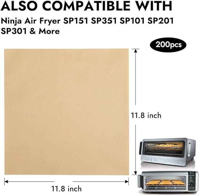 BYKITCHEN 200PCS 12 Inch Air Fryer Parchment Paper, Sandwich Wrapping Paper, Food Basket Liners, Airfryer Liners for Ninja Air Fryer SP101 SP201 SP301 SP151 SP351, Flip Up Toaster Oven Accessories