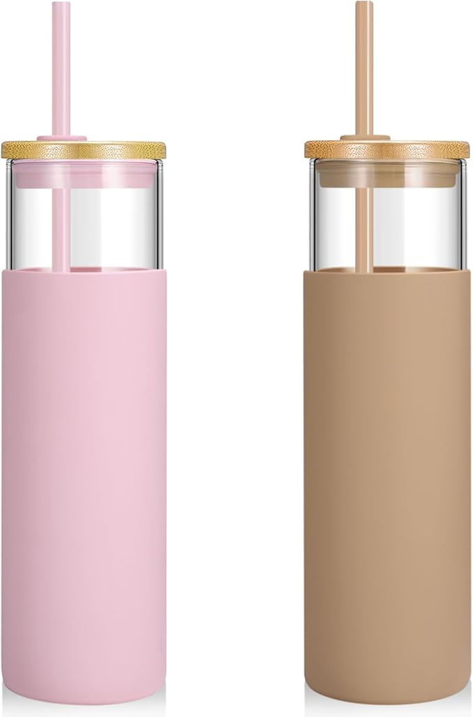 Tronco 28 oz Glass Tumbler with Lids and Straw, Reusable Iced Coffee Cup & Smoothie Cup with Bamboo Lid, Silicone Sleeve, Dishwasher Safe, BPA-Free Borosilicate Glass, 2 Pack