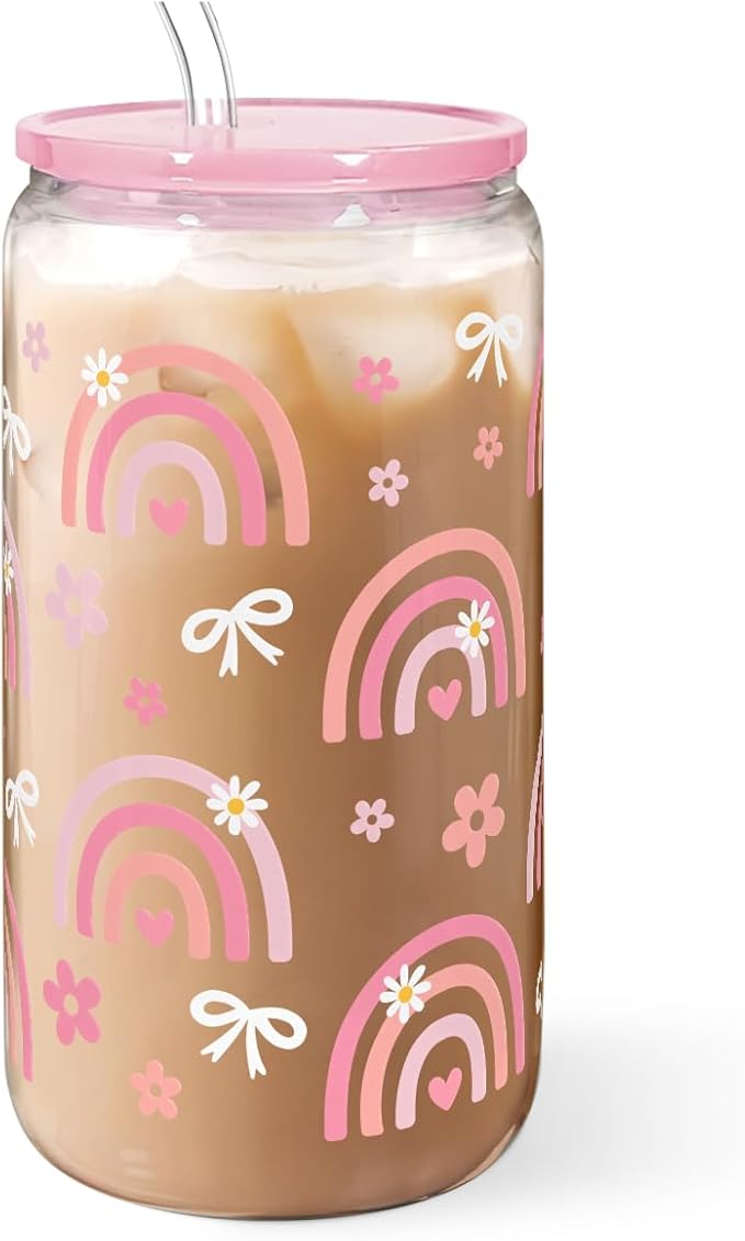 SANDJEST Rainbow 16oz Can Glass Tumbler with Acrylic Lid & Straw, Iced Coffee Cup for Women Girls, Aesthetic Cups Gifts for Birthday Christmas