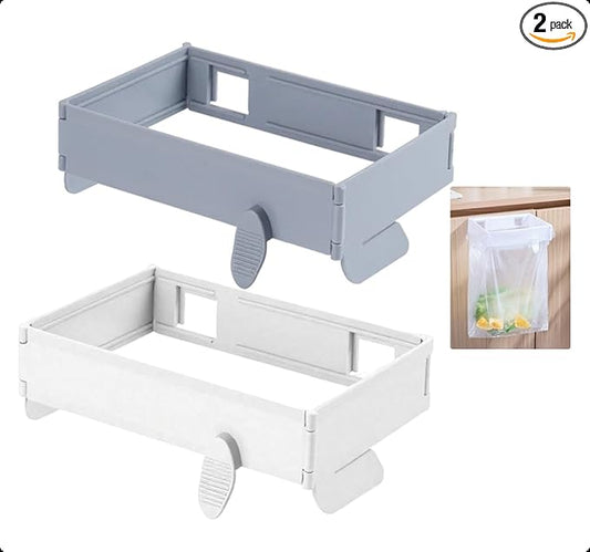 2Pcs Plastic Trash Bag Holder Rack, Folding Hanging Kitchen Trash Can, No Drill Adhesive Mounted Plastic Bag Holder, Space Saving Towel Hanger, Collapsible Garbage Can for Cabinets/Doors/Cupboards