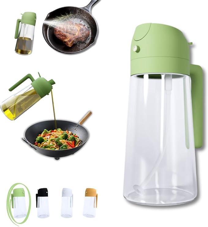2-in-1 Oil Dispenser and Sprayer, 16oz/470ml Glass Olive Oil Spray Bottle for Cooking, Leakproof and Refillable Oil Mister for BBQ, Salad, and Baking (Green)