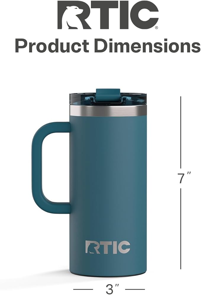 RTIC 16oz Road Trip Travel Mug with Lid and Handle, Ceramic Lined, Insulated, Stainless Steel, Metal, Double Wall Vacuum-Insulation, Portable Coffee, Tea Cup for Hot and Cold Drink, Marine
