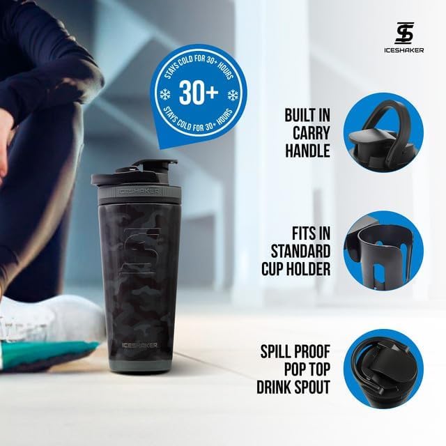 Ice Shaker Insulated Stainless Steel Shaker Bottle | 26oz, Black camo | Cold for 30+ Hours | Insulated Cup with Twist-on Agitator | Odor-Free Bottle for Protein Shakes, Water, Smoothies, Cocktails