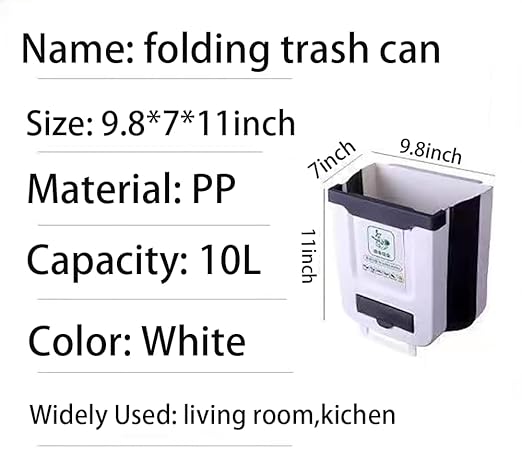 Hanging Kitchen Trash Can,2.6 Gallon Collapsible Waste Bin,Plastic Folding Hang Garbage Can for Cabinet Car Bedroom Bathroom Kitchen Office 11.3 * 10 * 6.9inch,White