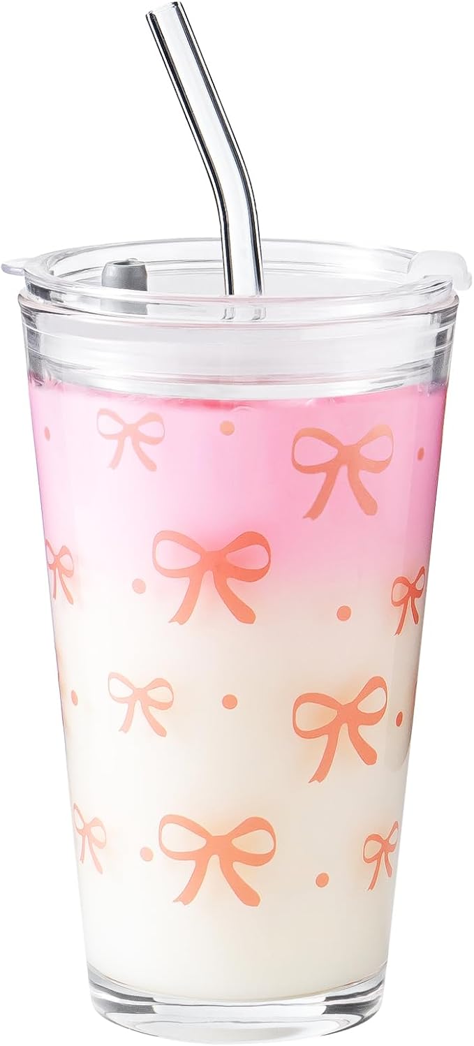 Olvini Coquette Cute Pink Bow Glass Cups with Lids and Straws, Aesthetic Iced Coffee Cups, Preppy Glass Cups, Coffee Tumbler, Matcha Cup, Teen Girl Gifts Trendy Stuff (Bow)