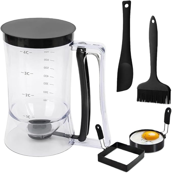 Complete Pancake & Cupcake Batter Dispenser Set - 4 Cup Capacity with Silicone Spatula, Basting Brush & Egg Rings - BPA Free All-In-One Breakfast & Baking Kitchen Tool for Home Cooking
