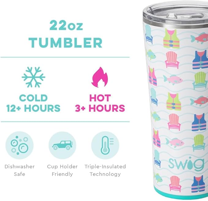 Swig Life 22oz Insulated Tumbler, Travel Coffee Tumbler with Lid, Cup Holder Friendly Travel Coffee Mug, Stainless Steel (Lake Girl)