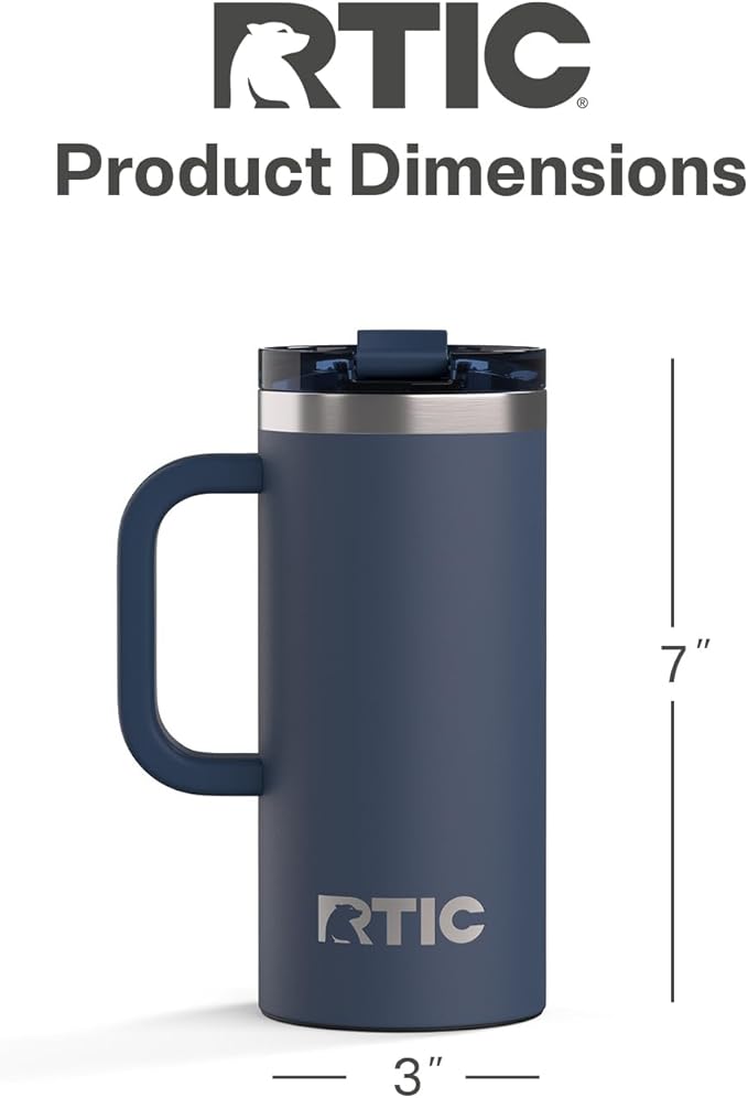 RTIC 16oz Road Trip Travel Mug with Lid and Handle, Ceramic Lined, Insulated, Stainless Steel, Metal, Double Wall Vacuum-Insulation, Portable Coffee, Tea Cup for Hot and Cold Drink, Navy