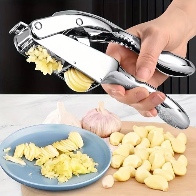 Garlic Press Stainless Steel, Heavy Duty Garlic Crusher & Mincer, Easy Squeeze Ergonomic Handle, Dishwasher Safe, Includes Peeler & Brush, 3-in-1 Set