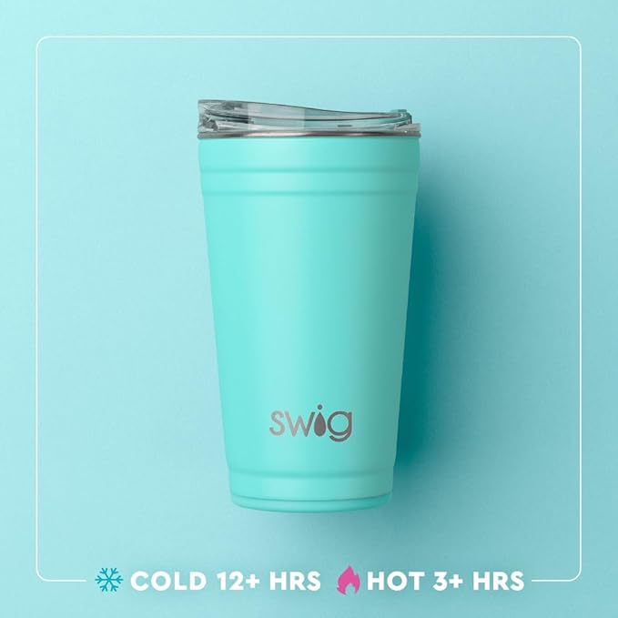 Swig Life 24oz Party Cup, Stackable Insulated Travel Coffee Tumbler with EZ Slider Lid, Cup Holder Friendly, Stainless Steel 24 oz Tumbler, Reusable Coffee Mug (Lake Girl)