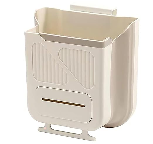Yansanido Foldable Trash Can, 9.8 Inch x 7.87 Inch x 4.7 Inch Plastic White Hanging Garbage Can for Kitchen, Household, Office and Outdoors (Medium)