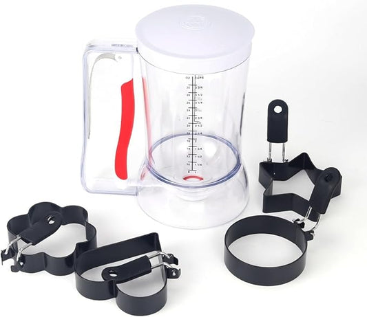 Pancake Batter Dispenser with Squeeze Handle for Precise Portion Control, Clear Measuring 4 Cup Batter Separator for Cookie Cake Waffles Muffin with 4 Egg Ring Molds