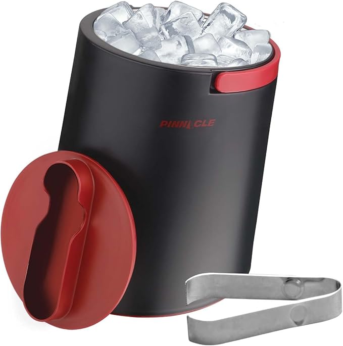 PINNACLE Insulated ice bucket for parties with Tong that fit into Lid - Stainless Steel ice bucket for cocktail bar with Collapsible Handles for indoor/outdoor bar, BPA Free (Red)