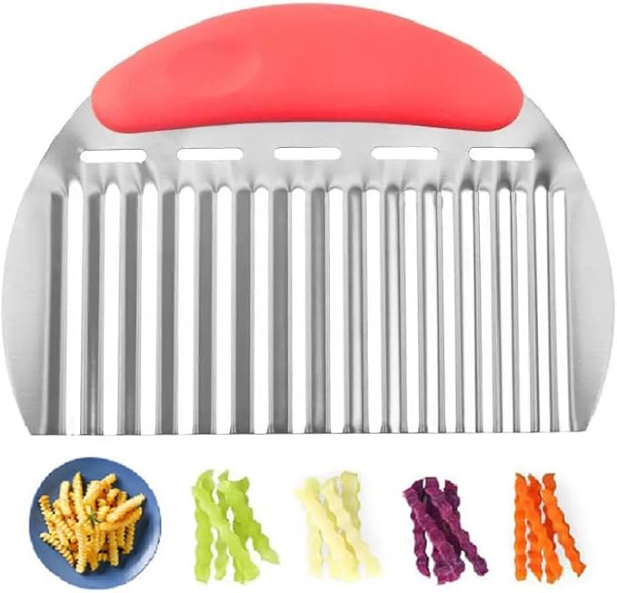 Heavy Duty Stainless Steel Large Crinkle Cutter Wavy Chopper French Fry Slicer for Potatoes Carrot Chips and Fruits, Vegetable, Potatoes, Onions (Red-Style II, 1 PCS)