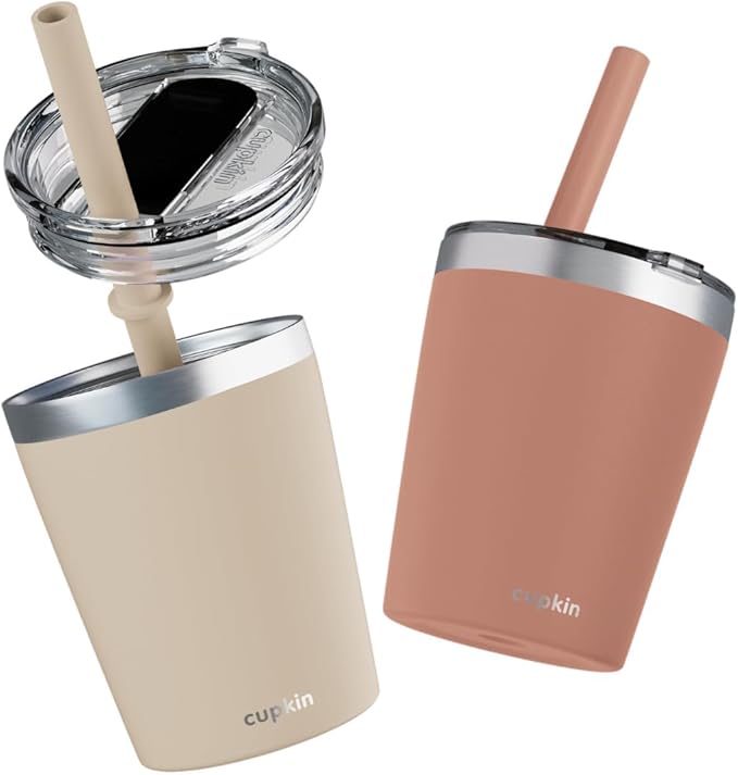 CUPKIN Toddler Straw Cup, The Original 8 oz Stackable Stainless Steel Toddler Cups, Set of 2 Powder Coated Insulated Kids Straw Cups + BPA Free Lids + Reusable Silicone Straws (Brown + Peach)