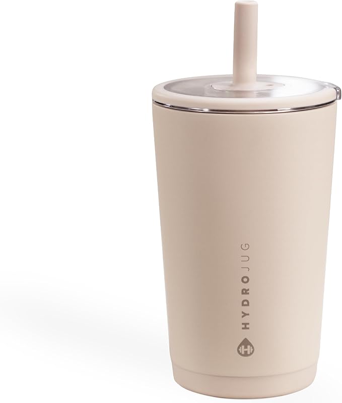 HydroJug Everyday Tumbler 14 oz – Ceramic-Lined Insulated Tumbler with Straw and Soft-Touch Lid, Cup Holder Friendly, Double-Wall Vacuum Insulation, Reusable Travel Cup – Dune