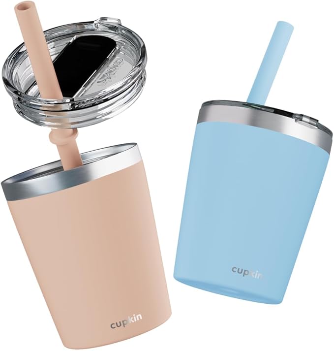 CUPKIN Toddler Straw Cups, The Original 8 oz Stackable Stainless Steel Cups for Kids, Set of 2 Powder Coated Insulated Straw Cup & BPA Free Lids + Reusable Silicone Straws (8oz Peach + Teal)