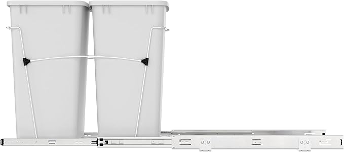 Rev-A-Shelf RV-18KD-11C S Double Pullout Trash Can for Kitchen Cabinets 35 Qt Garbage Recycling Bin on Full-Extension Slides, White