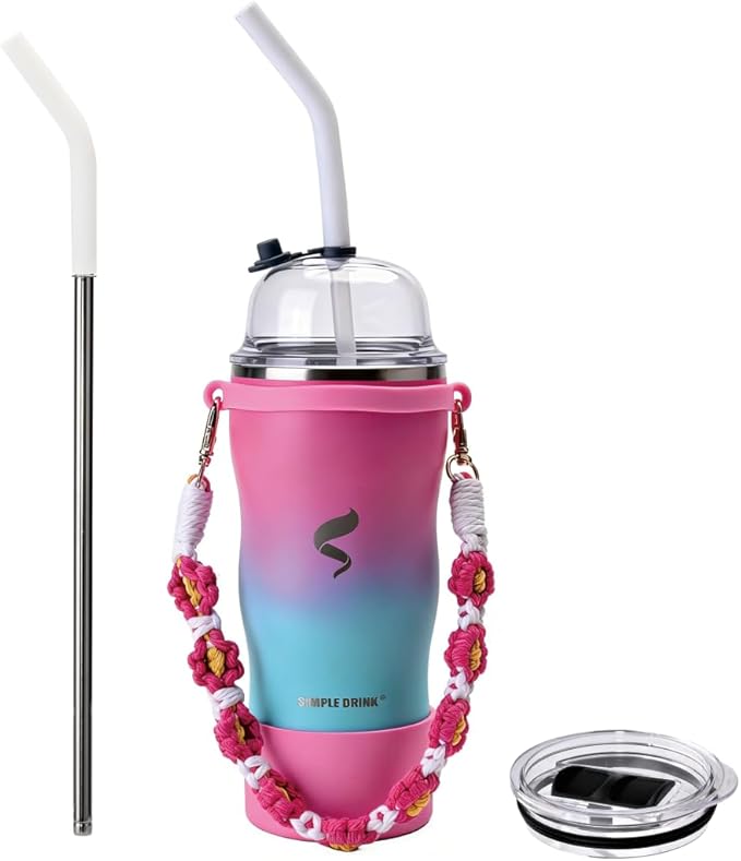 20oz Insulated Tumbler with Straw & Lid, Stainless Steel Vacuum Travel Mug, Handwoven Strap, Non-Slip Boot, Spill Proof, Pink Purple Gradient
