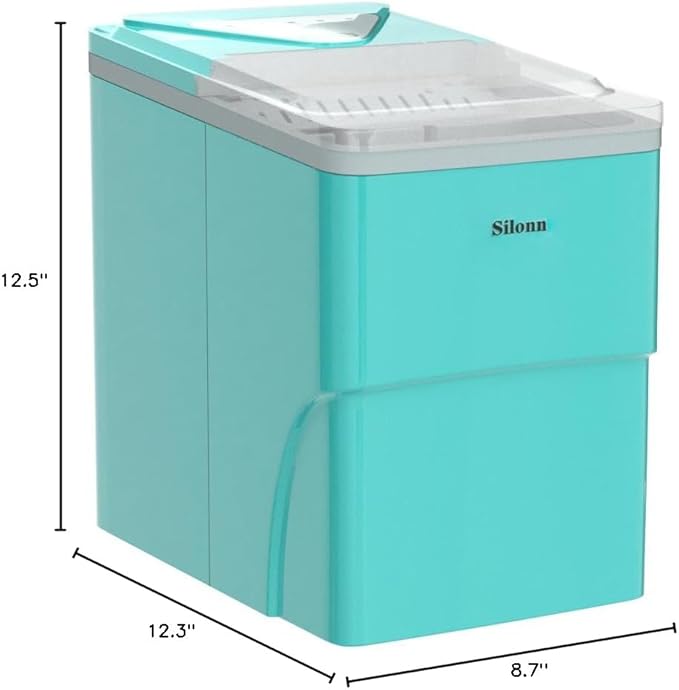 Silonn Ice Makers Countertop, 9 Cubes Ready in 6 Mins, 26lbs in 24Hrs, Self-Cleaning Ice Machine with Ice Scoop and Basket, 2 Sizes of Bullet Ice for Home Kitchen Office Bar Party, Green