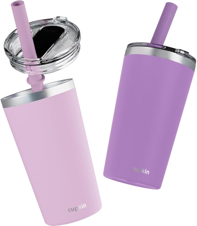 CUPKIN Toddler Tumblers, The Original 12 oz Stackable Stainless Steel Cups, Set of 2 Powder Coated Insulated Kids Water Bottle Alternative & BPA Free Lids + Reusable Silicone Straws (Pink + Purple)