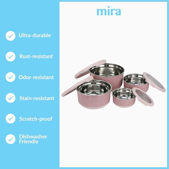MIRA Stainless Steel Food Storage Set - 4 Anti-Slip Containers for Meal Prep - Multi-Size Pack (1, 2, 3, 5 Cups), Dusty Pink