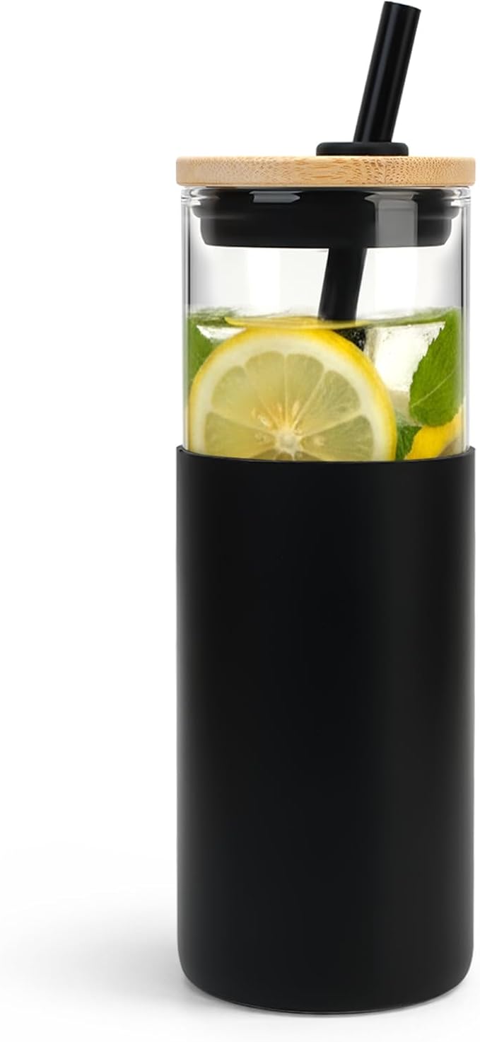Tronco 24 oz Glass Tumbler with Lids and Straw, Reusable Iced Coffee Cup & Smoothie Cup with Bamboo Lid, Silicone Sleeve, Dishwasher Safe, BPA-Free Borosilicate Glass, 1 Pack