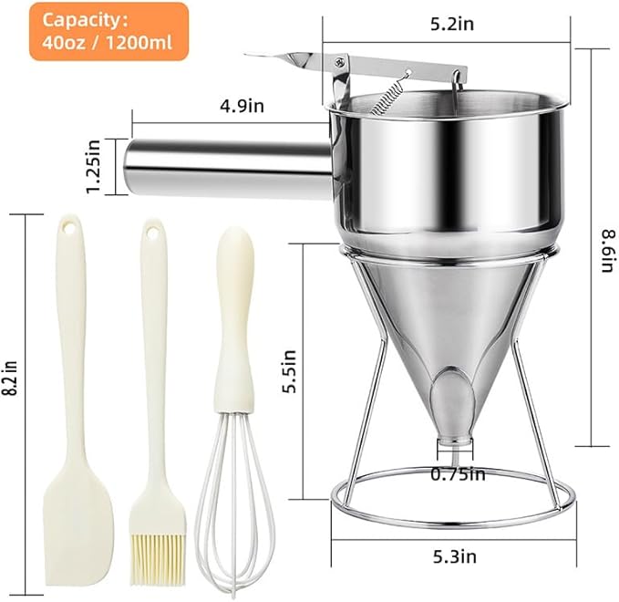 40oz Pancake Batter Dispenser, Stainless Steel Funnel Cake Dispenser with 4 Silicone Nozzles, Perfect for Pancakes, Cupcakes, and Funnel Cakes