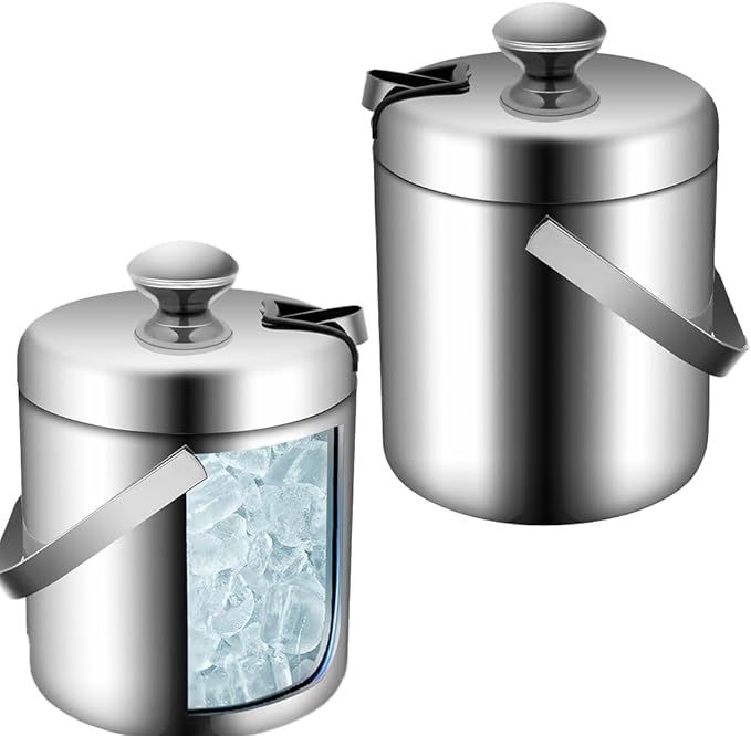 304 Stainless Steel Double Wall Ice Bucket Set 1.3L with Tongs & Strainer, Small Double Wall Ice Pail Chill Container, Insulated Portable Cooler for Wine, Champagne, Parties, Bars, Outdoor ﻿ ﻿