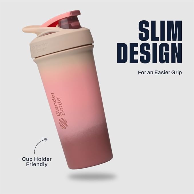 BlenderBottle Sport Sleek Shaker Cup Insulated Stainless Steel Water Bottle with Wire Whisk, 25-Ounce, Berry Fade (Pink)