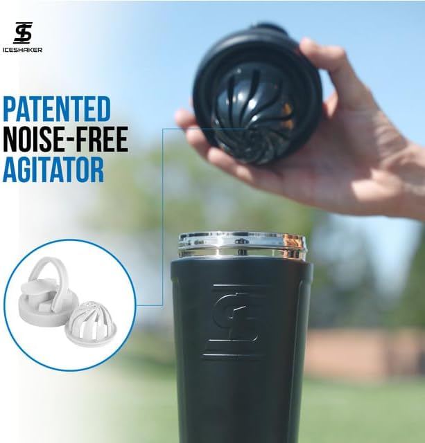 Ice Shaker Stainless Steel Shaker Bottle | 26oz, Black/White | Stays Cold for 30+ Hours | Insulated Cup with Twist-on Agitator | Odor-Free Shaker Cup for Protein Shakes, Water, Smoothies