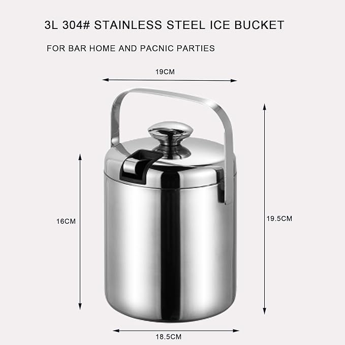 Ice Bucket with Lid for Parties - 3L Ice Bucket Double Wall Ice Bucket for Cocktail Bar Parties KTV,Stianless Steel Ice Bucket with Lid to Keep Ice Frozen Longer to Cool Chilling Wine Champagne