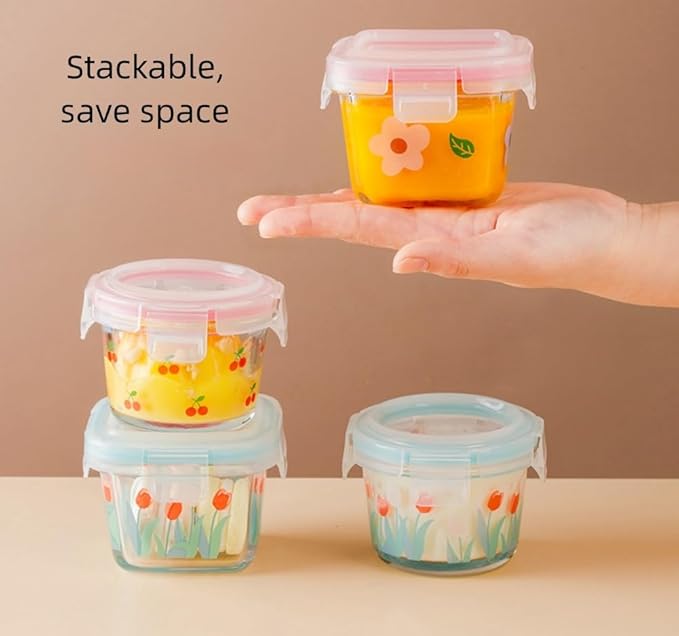 Ivymei 2 Pack Mini Glass Containers with lids,Small Tulip Food Storage Contaiers Glass Food Jars for Food Portion,Dipping Sauce,Snack,Yogurt,Fruit,Leakproof,Microwave Freezer Safe