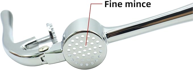 Garlic press for fine mincing, heavy-duty garlic press joystick, rust proof zinc alloy material, ergonomic handle, equipped with silicone peeler and cleaning brush, dishwasher washable, bright silver
