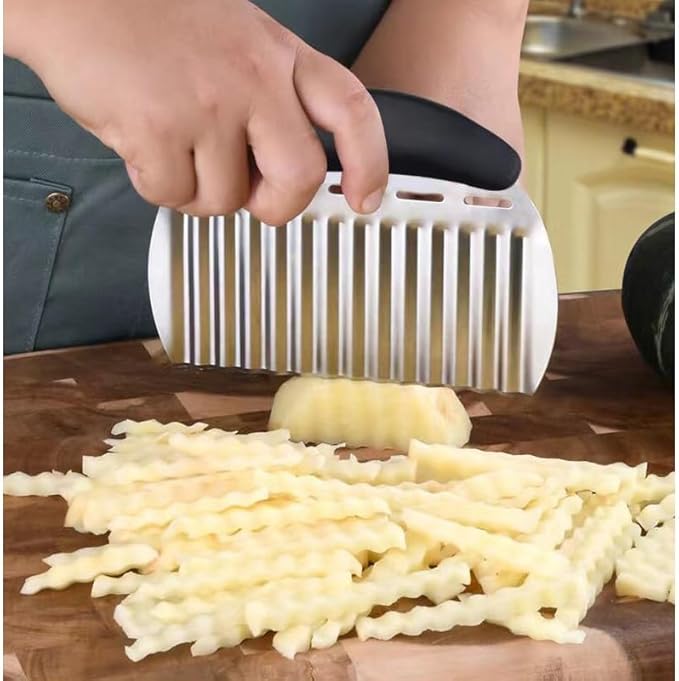 Heavy Duty Stainless Steel Large Crinkle Cutter Wavy Chopper French Fry Slicer for Potatoes Carrot Chips and Fruits, Vegetable, Potatoes, Onions (Black-Style II, 1 PCS)